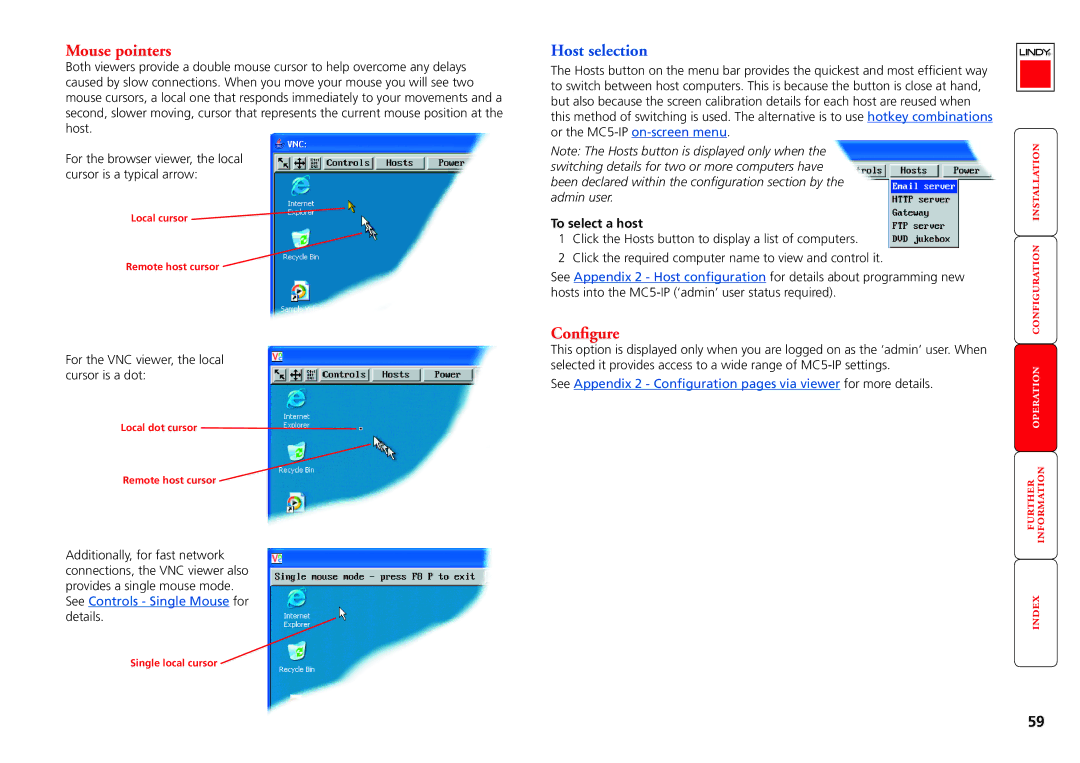 Lindy MC5-IP manual Mouse pointers, Configure, To select a host 