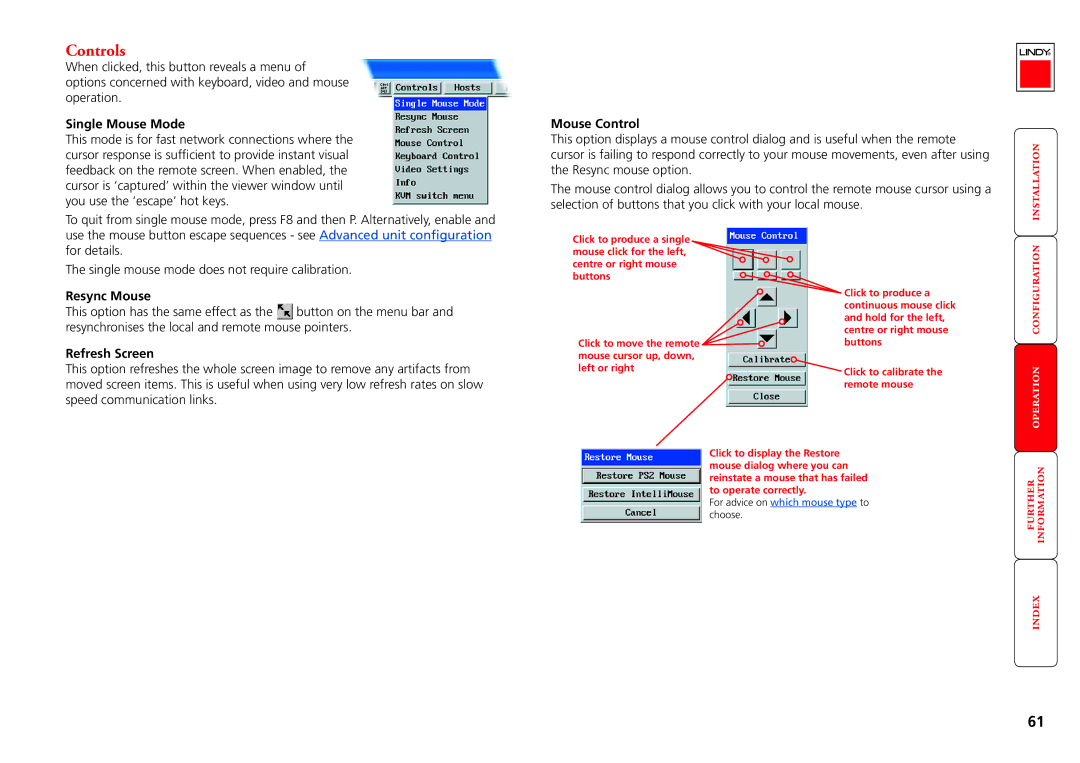 Lindy MC5-IP manual Controls, Single Mouse Mode, Mouse Control, Resync Mouse, Refresh Screen 