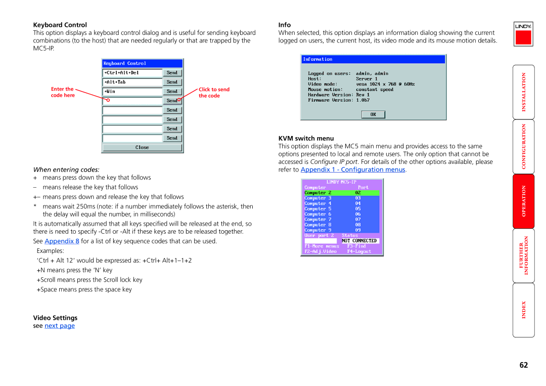 Lindy MC5-IP manual Keyboard Control Info, KVM switch menu, When entering codes, Video Settings 