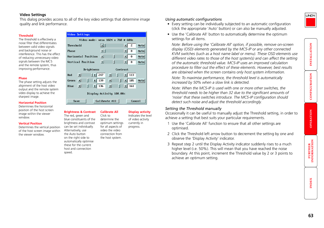 Lindy MC5-IP Using automatic configurations, Increased by 50% when a slow link is detected, Setting the Threshold manually 