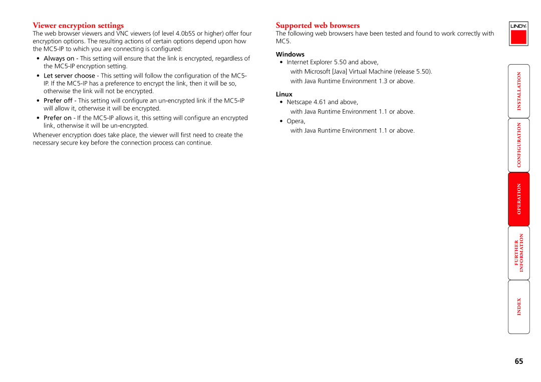 Lindy MC5-IP manual Viewer encryption settings, Supported web browsers, Windows, Linux 