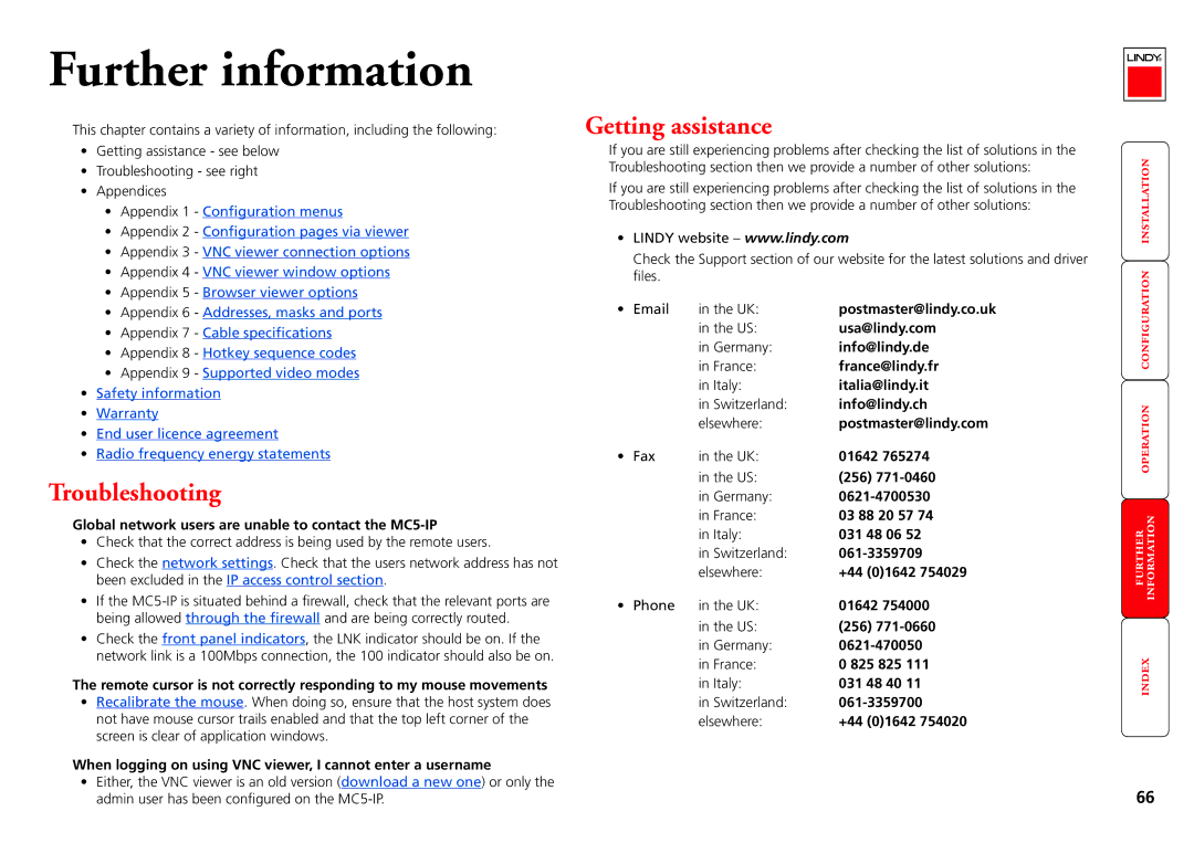 Lindy MC5-IP manual Troubleshooting, Getting assistance 