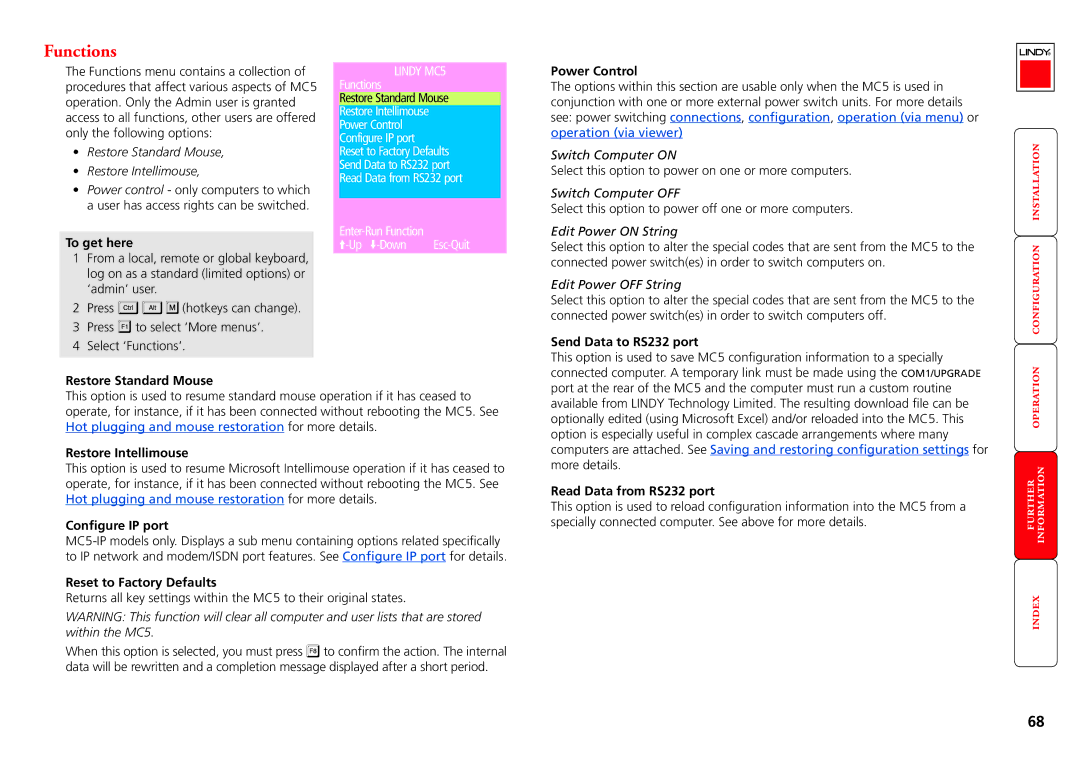 Lindy MC5-IP manual Functions 