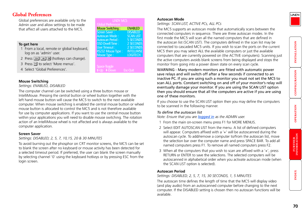 Lindy MC5-IP manual Global Preferences, Mouse Switching, Autoscan Mode, Screen Saver, Autoscan Period 