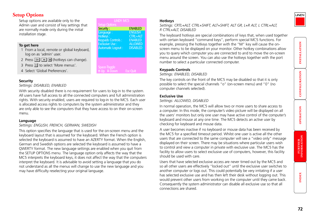 Lindy MC5-IP manual Setup Options, Keypads Controls, Language, Exclusive Use 