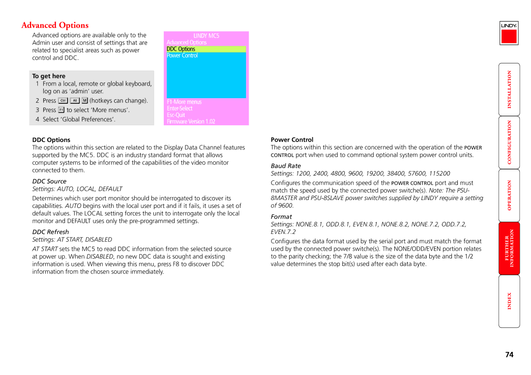 Lindy MC5-IP manual Advanced Options, DDC Options, DDC Source Settings AUTO, LOCAL, Default 