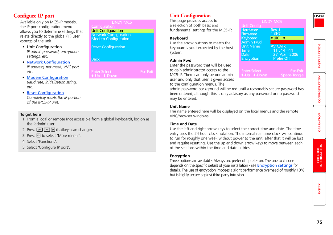 Lindy MC5-IP manual Configure IP port, Unit Configuration, Unit Name, Time and Date, Encryption 