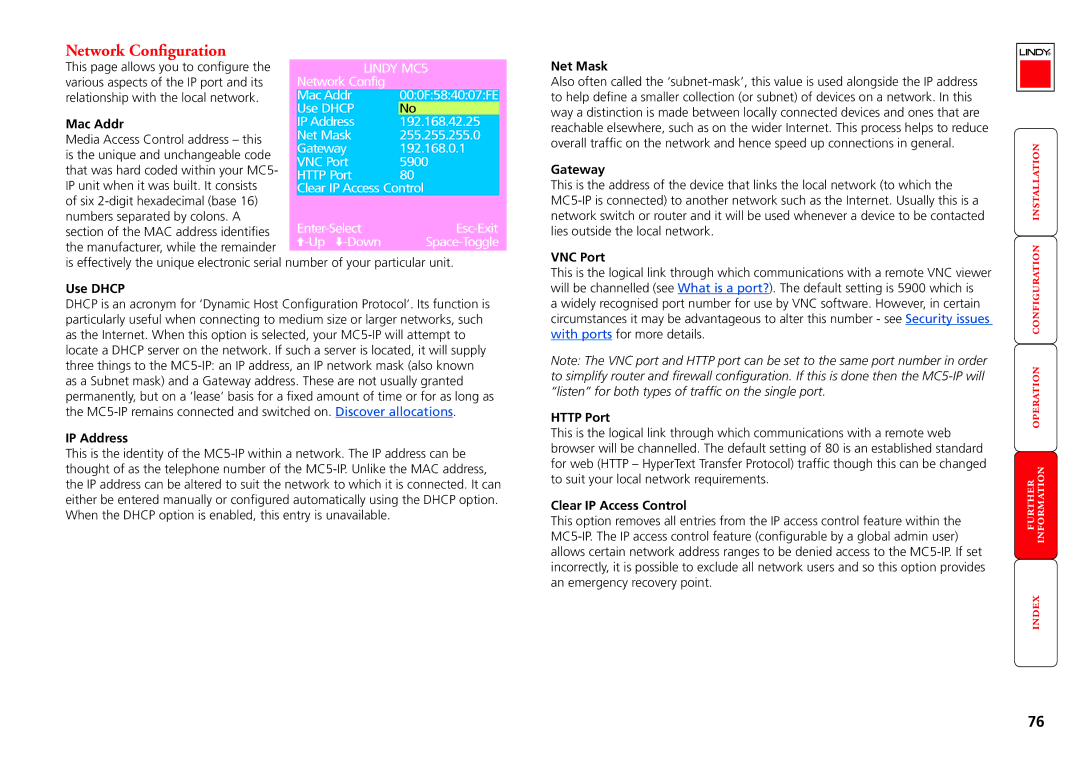 Lindy MC5-IP manual Network Configuration 