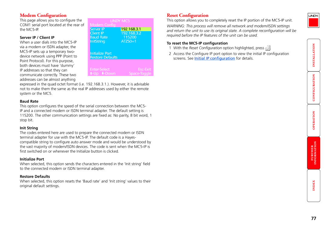 Lindy MC5-IP manual Modem Configuration, Reset Configuration 