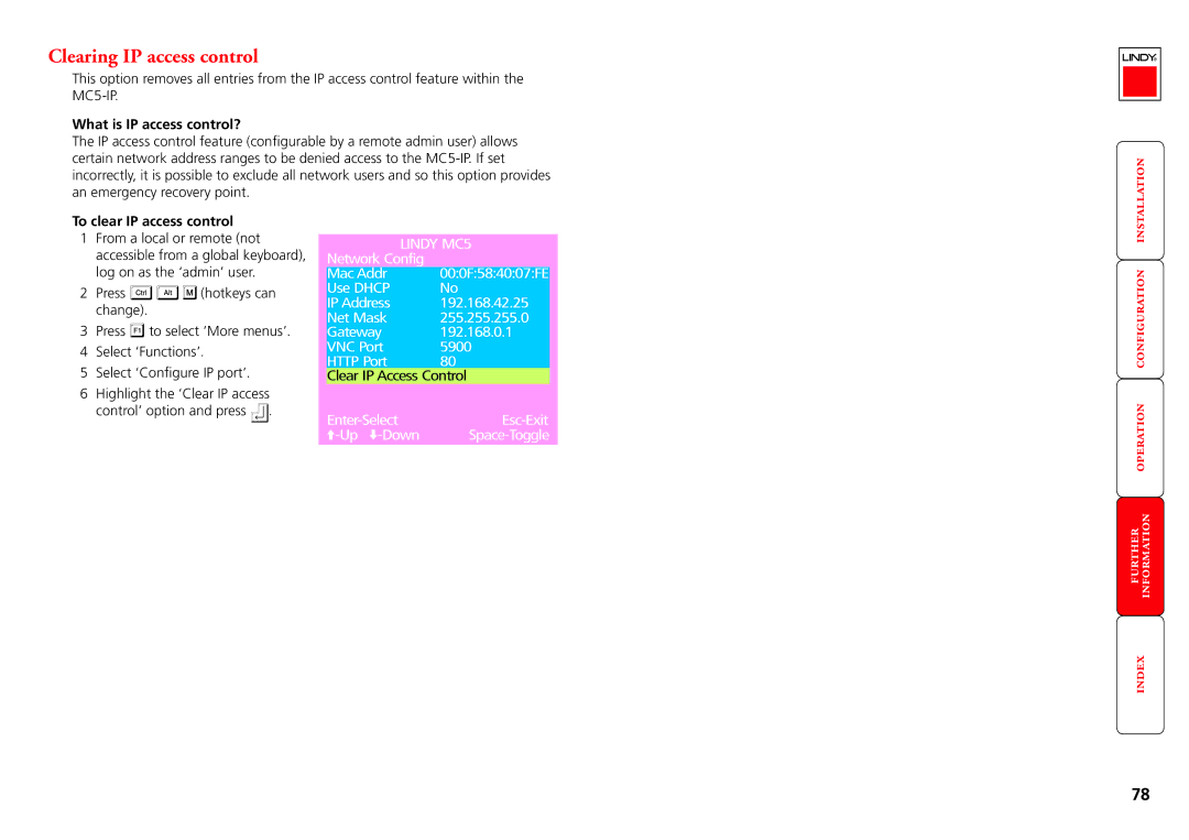 Lindy MC5-IP manual Clearing IP access control, What is IP access control?, To clear IP access control 