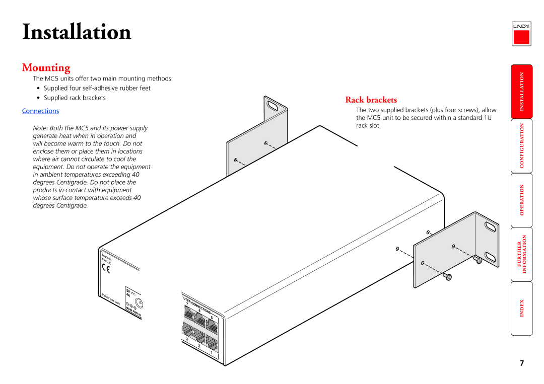 Lindy MC5-IP manual Mounting, Rack brackets 