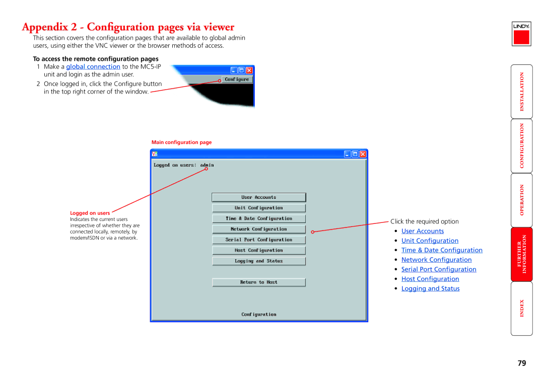 Lindy MC5-IP manual Appendix 2 Configuration pages via viewer, To access the remote configuration pages 