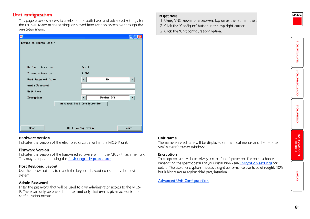 Lindy MC5-IP manual Unit configuration, Hardware Version, Firmware Version, Host Keyboard Layout, Admin Password 