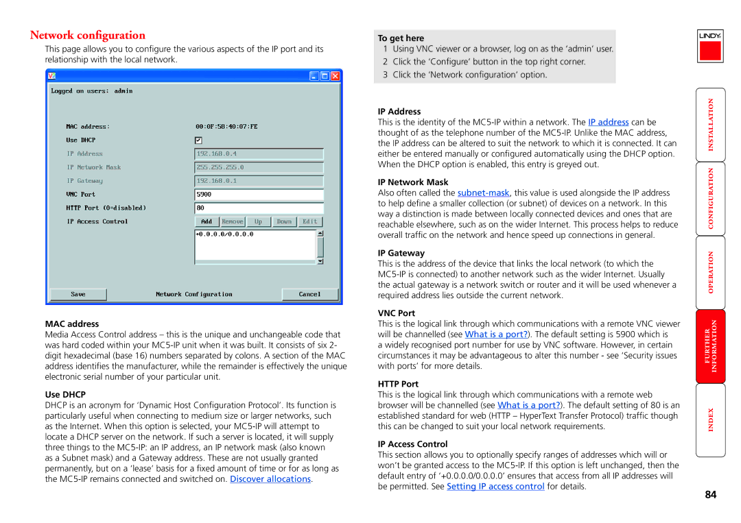 Lindy MC5-IP manual Network configuration, MAC address, IP Network Mask, IP Gateway, IP Access Control 