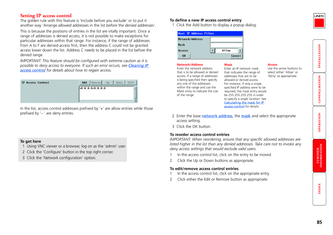 Lindy MC5-IP manual Setting IP access control, To define a new IP access control entry, To reorder access control entries 