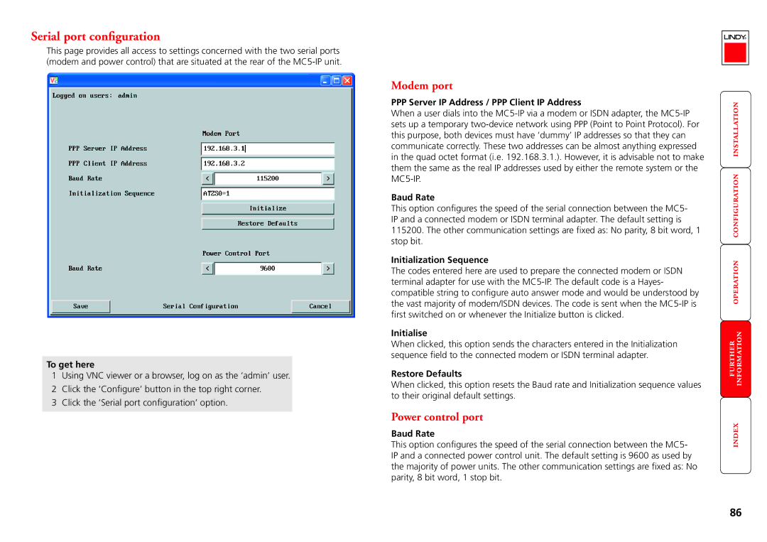 Lindy MC5-IP manual Serial port configuration, Modem port, Power control port 