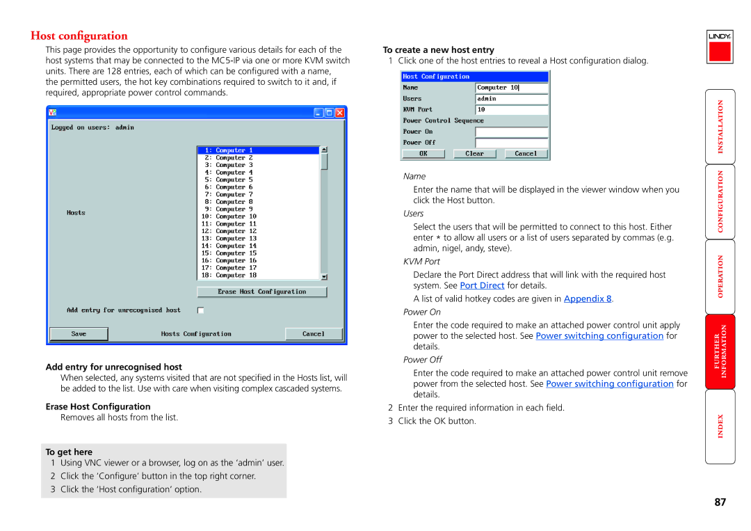 Lindy MC5-IP Host configuration, Add entry for unrecognised host, Erase Host Configuration, To create a new host entry 