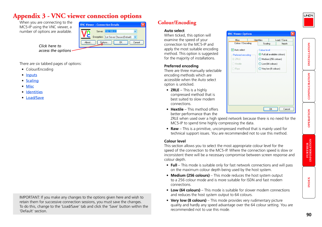 Lindy MC5-IP manual Colour/Encoding, Click here to access the options, Auto select, Preferred encoding, Colour level 