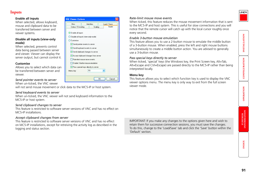 Lindy MC5-IP manual Inputs, Enable all inputs, Disable all inputs view-only mode, Customise, Menu key 