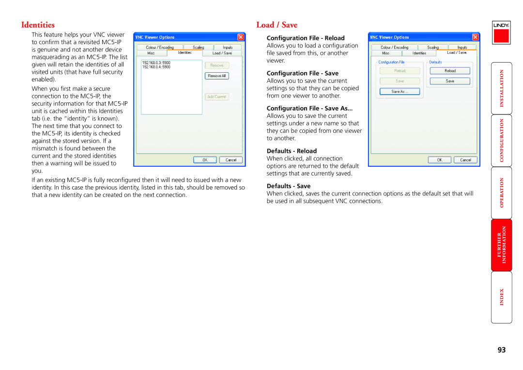 Lindy MC5-IP manual Identities, Load / Save, Defaults Reload, Defaults Save 