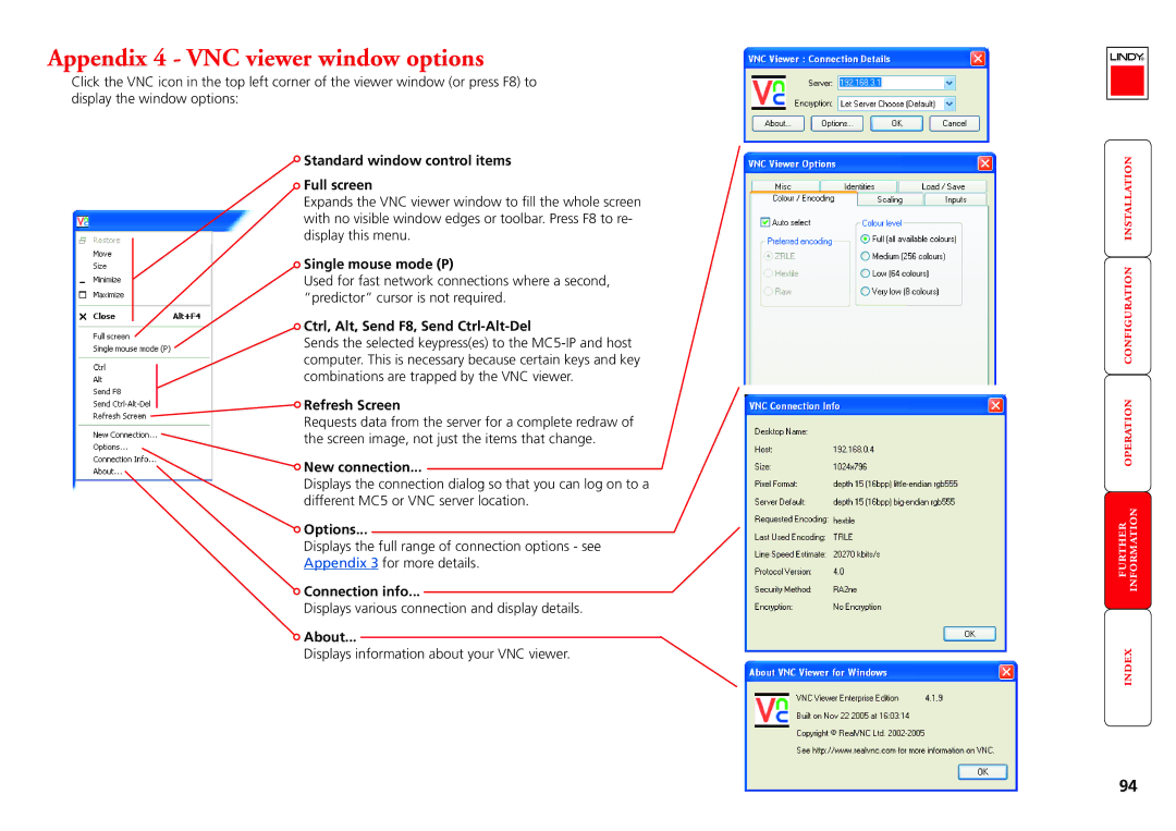 Lindy MC5-IP manual Appendix 4 VNC viewer window options 