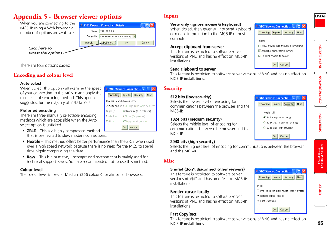 Lindy MC5-IP manual Appendix 5 Browser viewer options, Encoding and colour level, Security 
