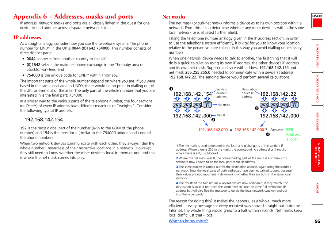 Lindy MC5-IP manual Appendix 6 Addresses, masks and ports, IP addresses, Net masks 