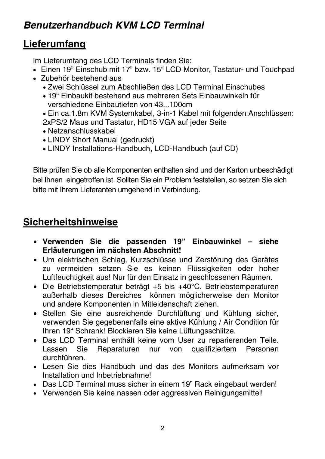 Lindy Network Router manual Benutzerhandbuch KVM LCD Terminal, Lieferumfang, Sicherheitshinweise 