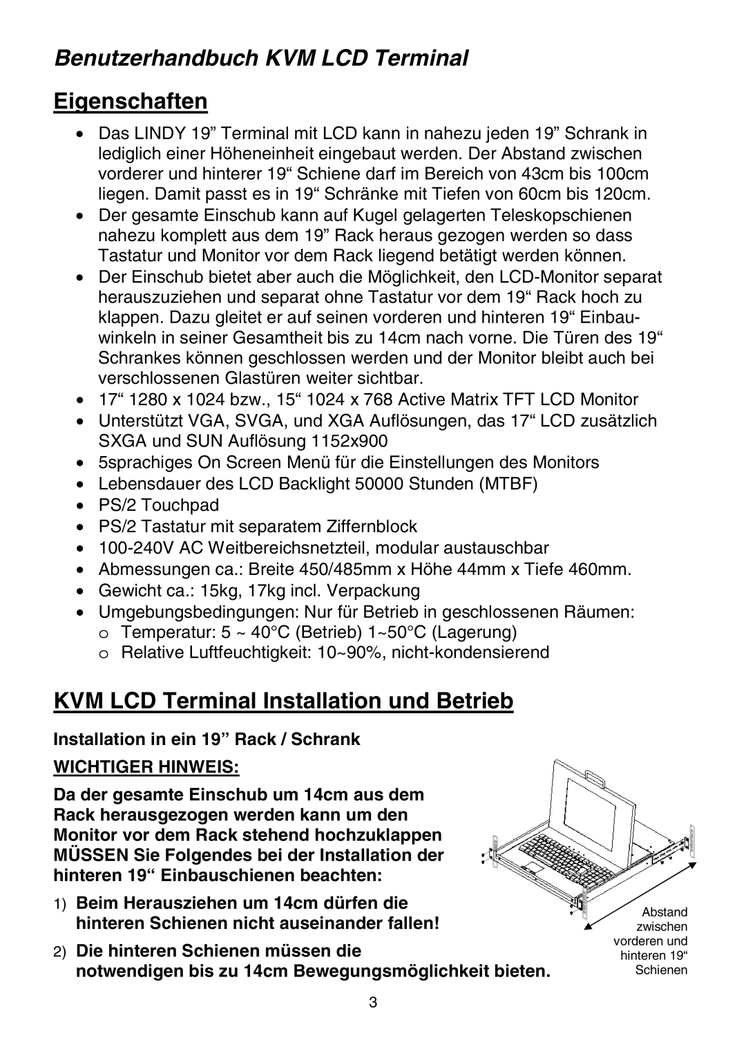 Lindy Network Router manual Eigenschaften, KVM LCD Terminal Installation und Betrieb, Installation in ein 19 Rack / Schrank 