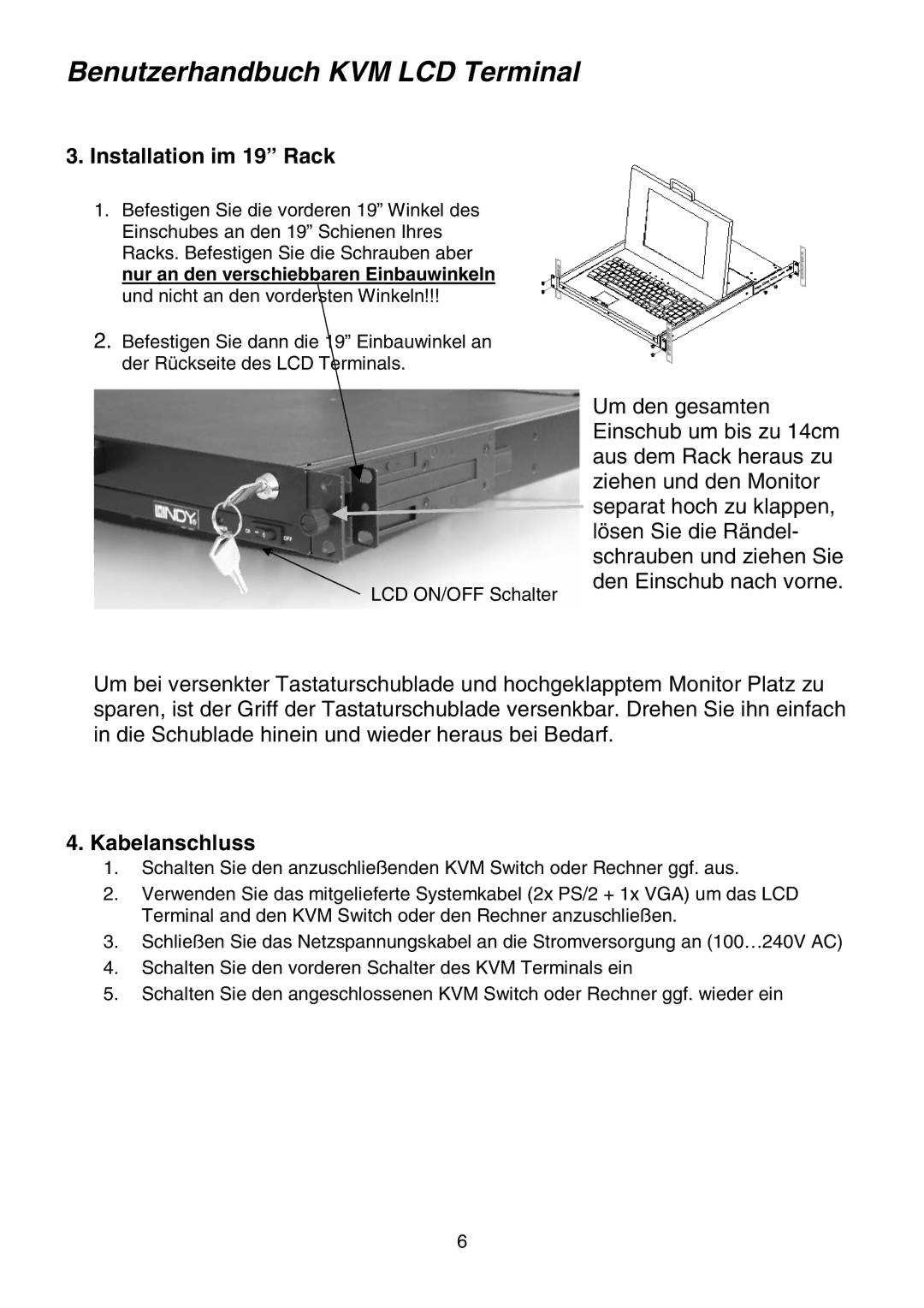 Lindy Network Router manual Installation im 19 Rack, Kabelanschluss 