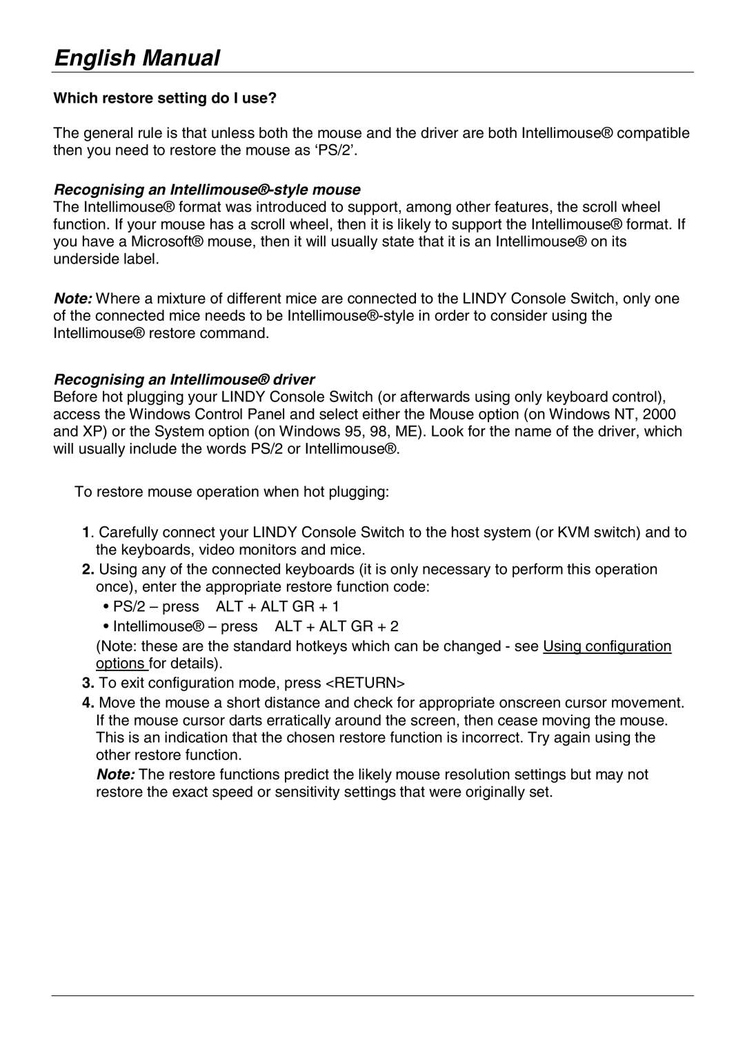 Lindy No. 39123 user manual Which restore setting do I use?, Recognising an Intellimouse-style mouse 