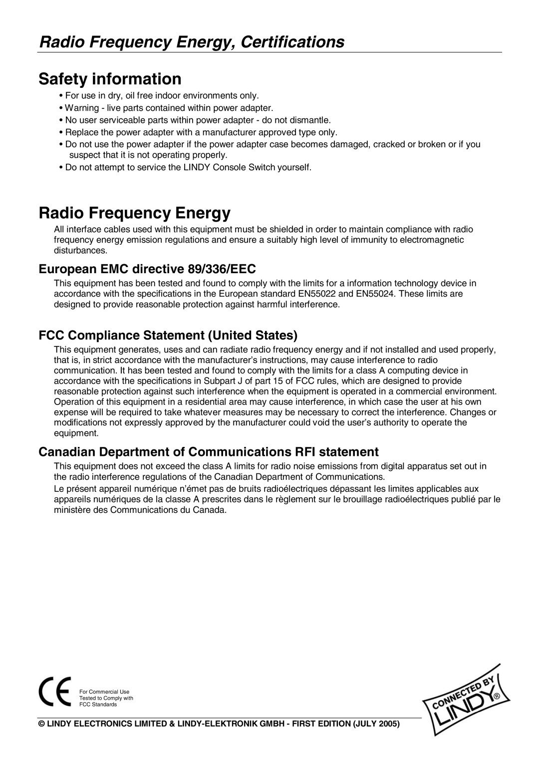 Lindy No. 39123 user manual Radio Frequency Energy, Certifications, Safety information 