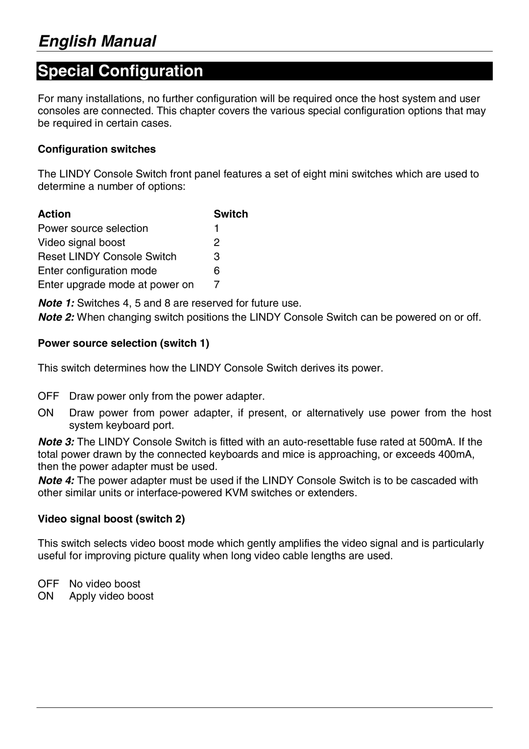 Lindy No. 39123 user manual Special Configuration, Configuration switches, Action, Power source selection switch 