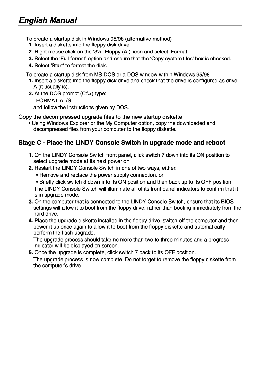 Lindy No. 39123 user manual Stage C - Place the LINDY Console Switch in upgrade mode and reboot, English Manual 