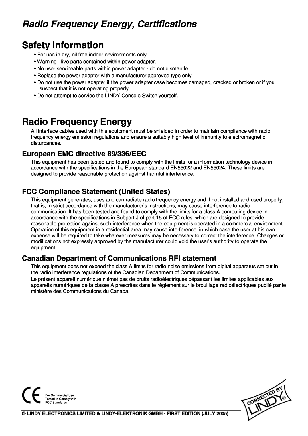 Lindy No. 39123 user manual Radio Frequency Energy, Certifications, Safety information, European EMC directive 89/336/EEC 