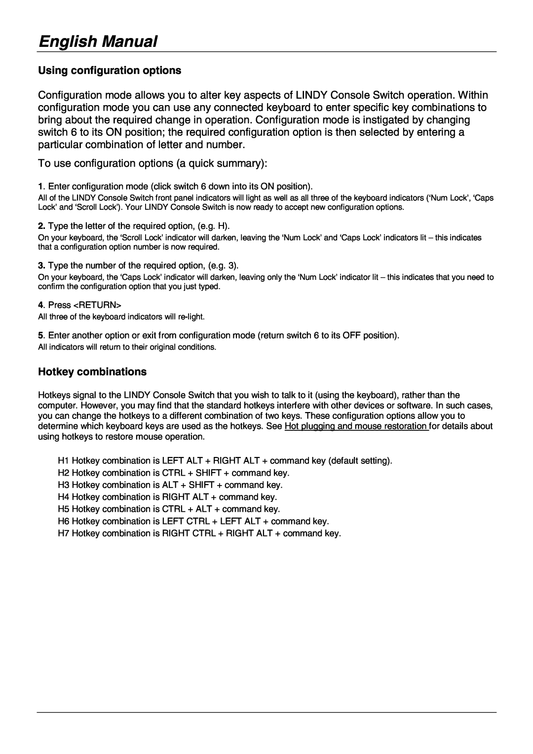 Lindy No. 39123 user manual Using configuration options, Hotkey combinations, English Manual 