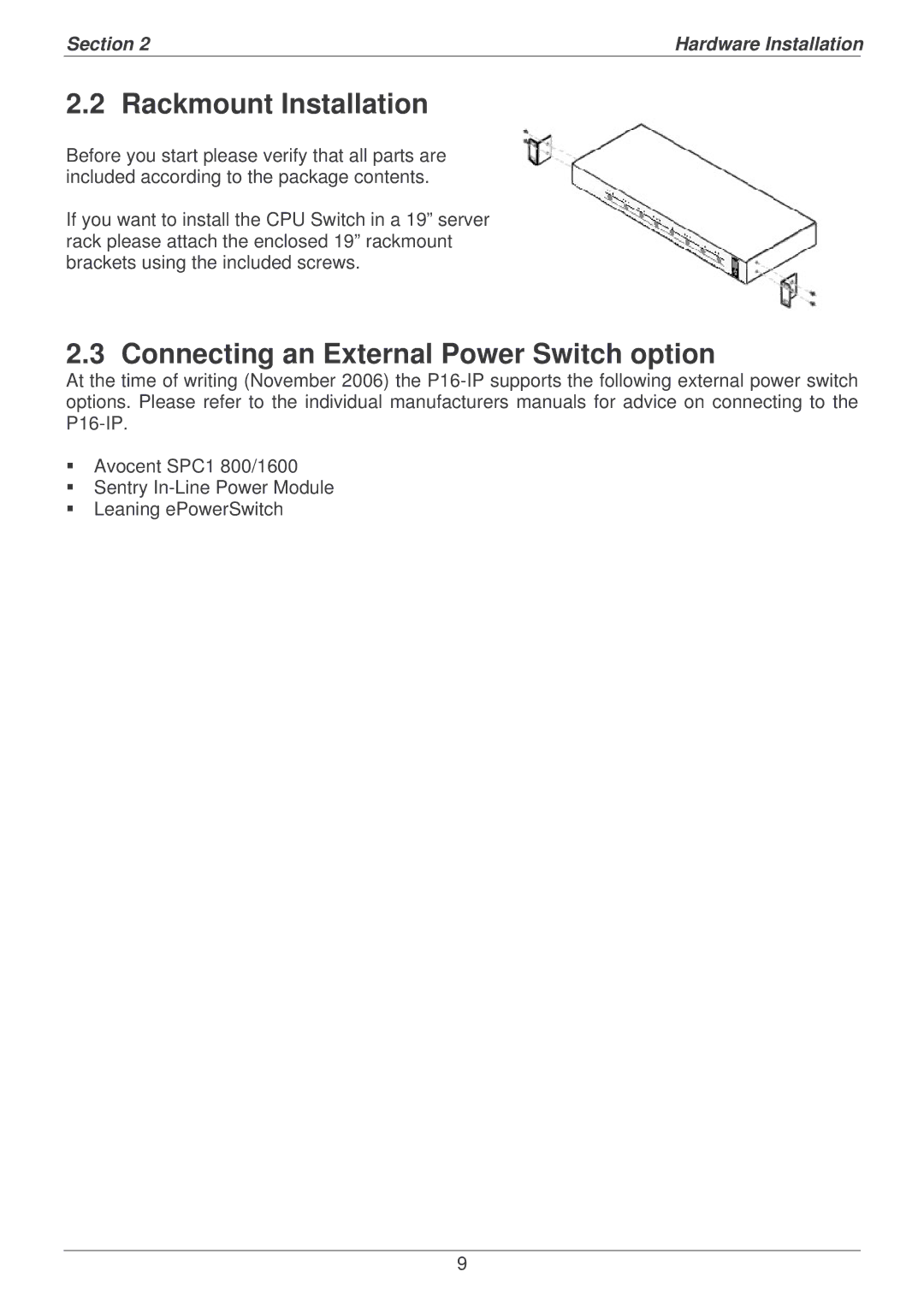 Lindy P16-IP user manual Rackmount Installation, Connecting an External Power Switch option 