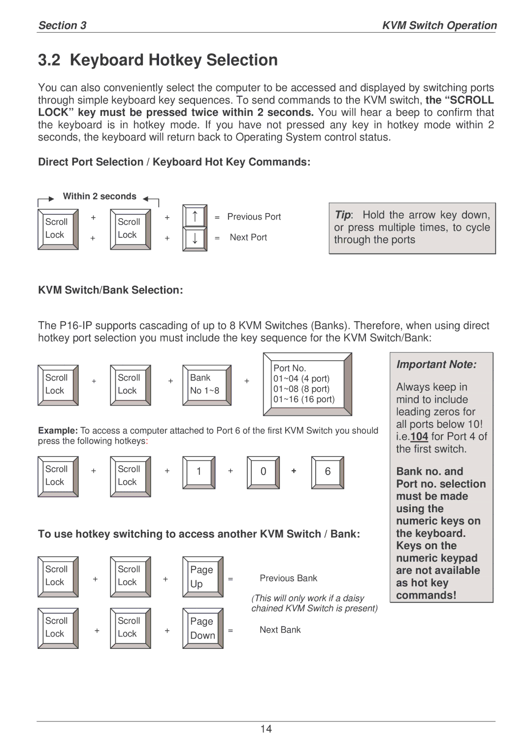 Lindy P16-IP user manual Keyboard Hotkey Selection, Important Note 