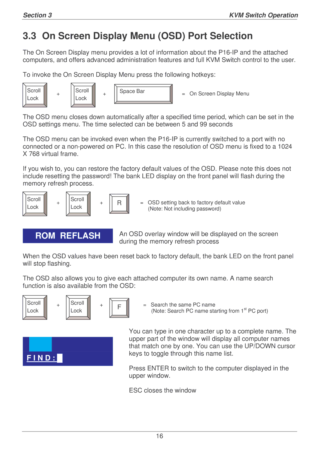 Lindy P16-IP user manual On Screen Display Menu OSD Port Selection, ROM Reflash 