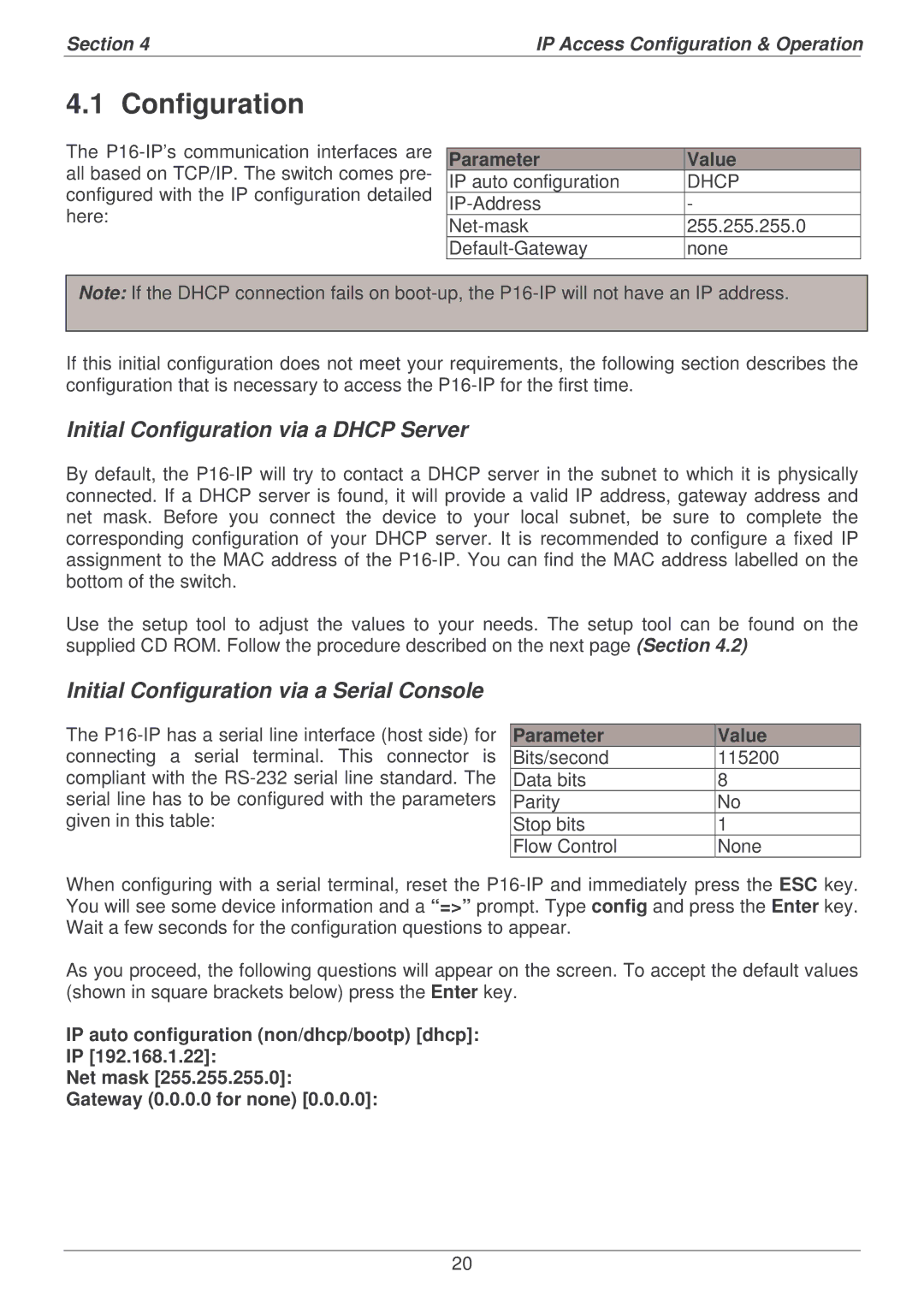 Lindy P16-IP Initial Configuration via a Dhcp Server, Initial Configuration via a Serial Console, Parameter Value 