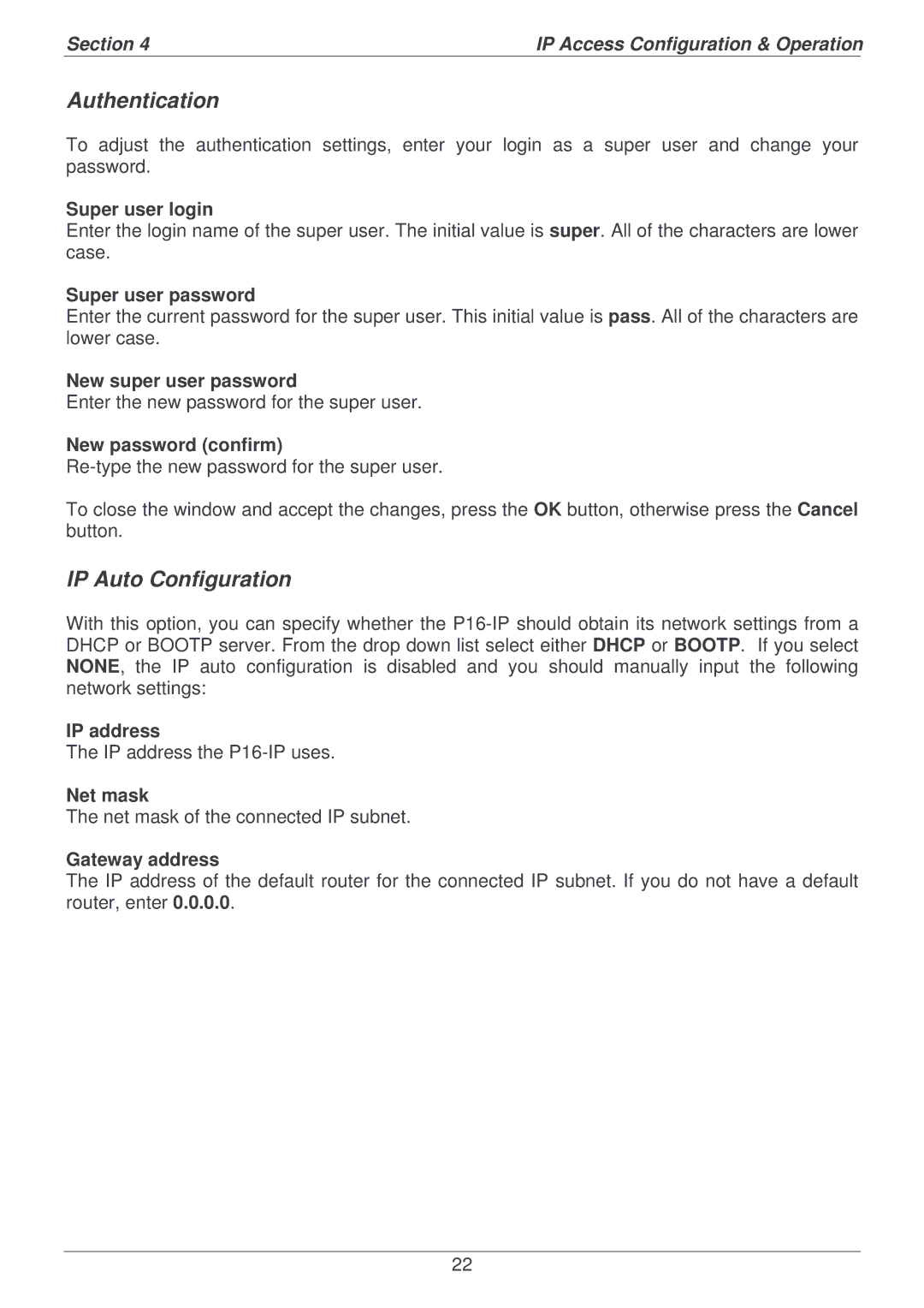 Lindy P16-IP user manual Authentication, IP Auto Configuration 