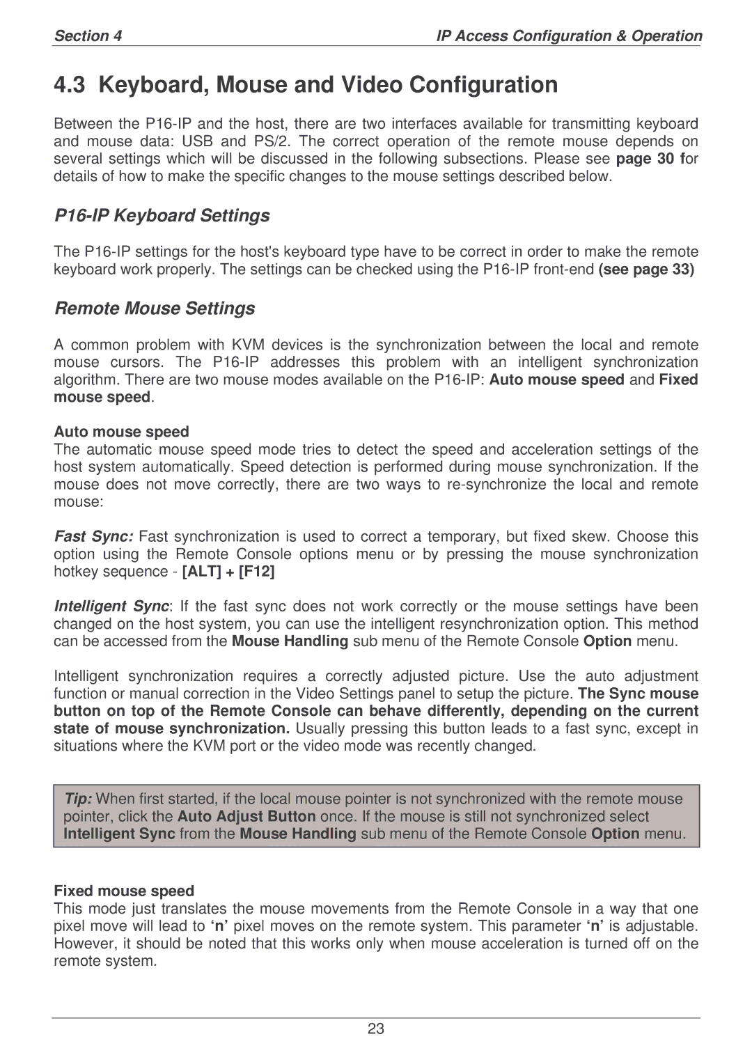 Lindy Keyboard, Mouse and Video Configuration, P16-IP Keyboard Settings, Remote Mouse Settings, Auto mouse speed 