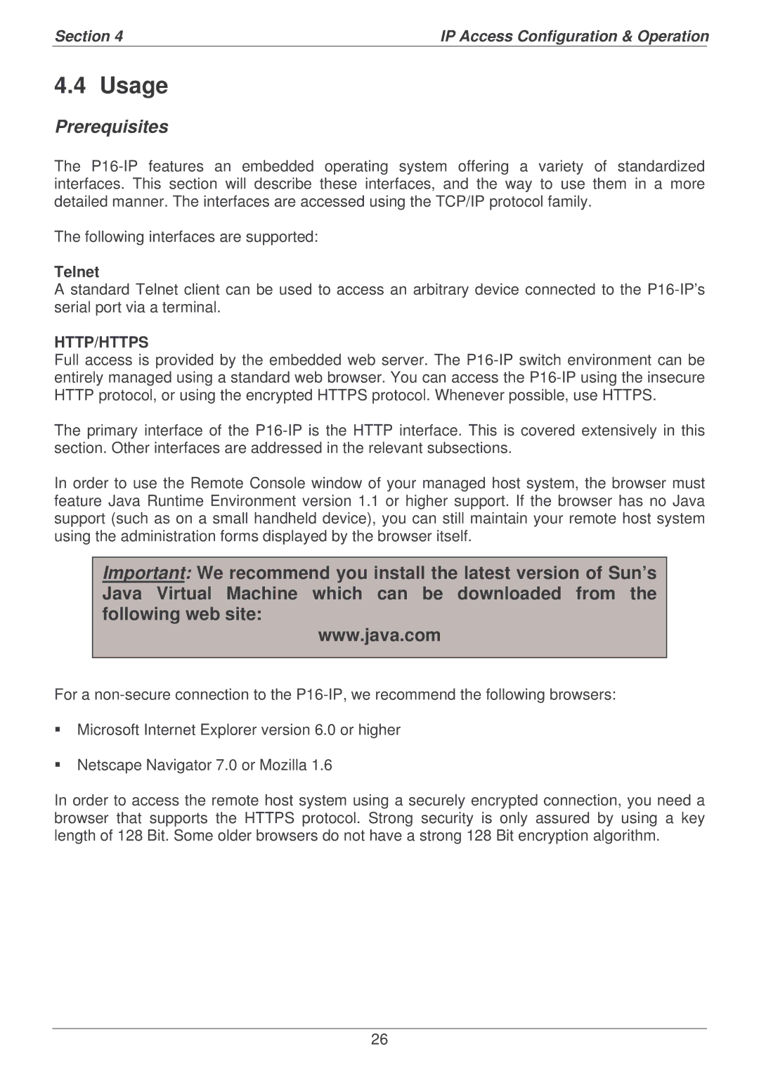 Lindy P16-IP user manual Usage, Prerequisites, Telnet 