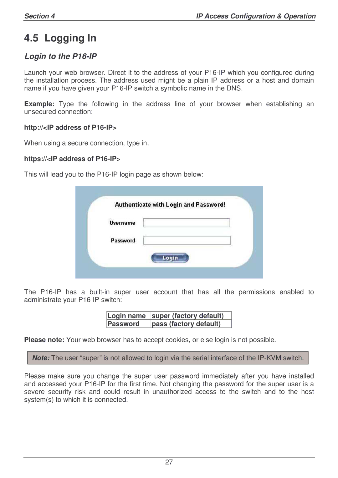 Lindy user manual Logging, Login to the P16-IP, Http//IP address of P16-IP, Https//IP address of P16-IP 