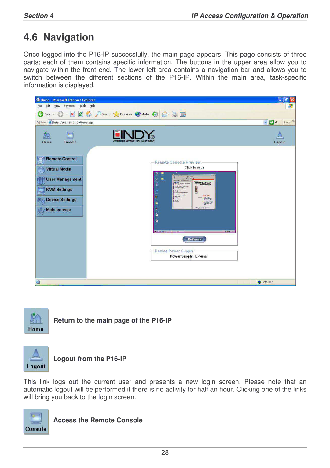 Lindy P16-IP user manual Navigation, Access the Remote Console 