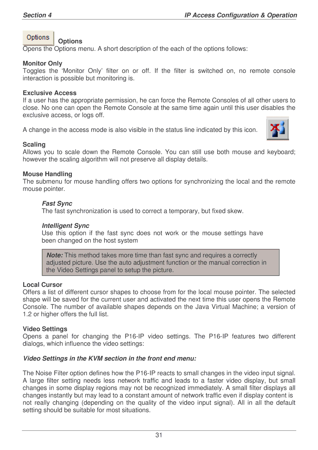 Lindy P16-IP user manual Fast Sync, Intelligent Sync, Video Settings in the KVM section in the front end menu 