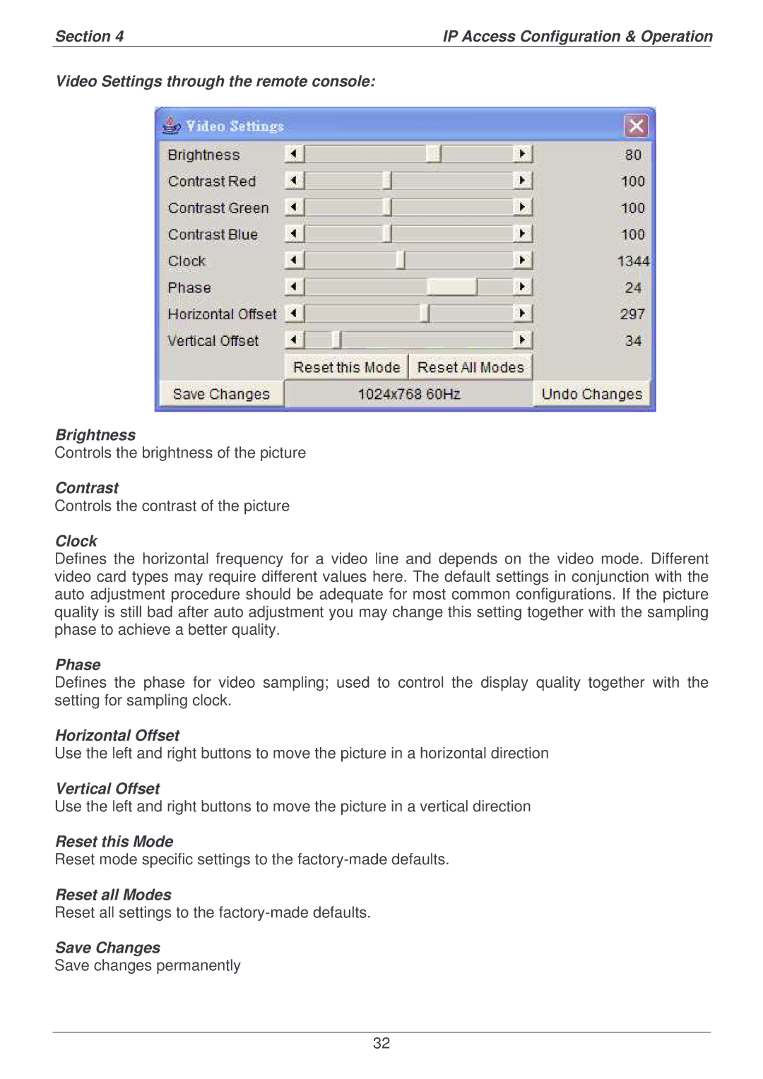 Lindy P16-IP Contrast, Clock, Phase, Horizontal Offset, Vertical Offset, Reset this Mode, Reset all Modes, Save Changes 