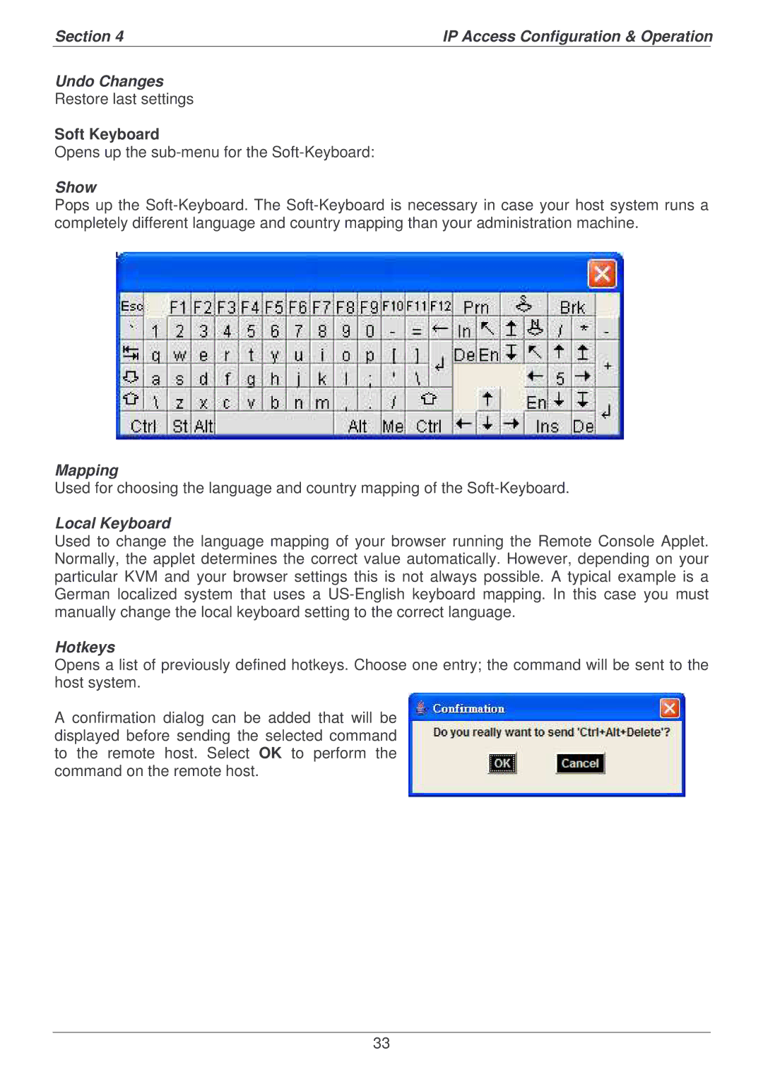 Lindy P16-IP user manual Section IP Access Configuration & Operation Undo Changes, Show, Mapping, Local Keyboard, Hotkeys 