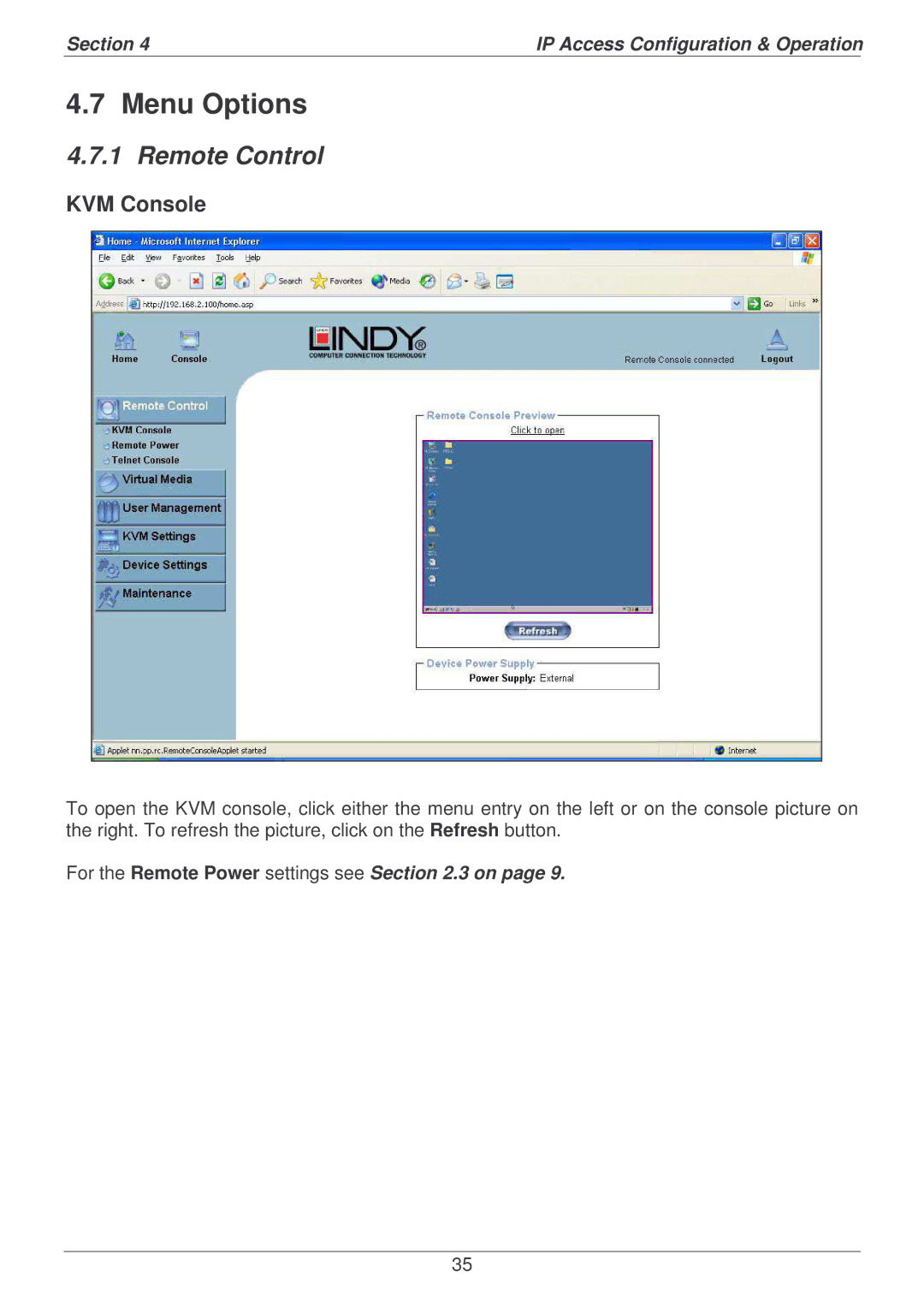 Lindy P16-IP user manual Menu Options, KVM Console, For the Remote Power settings see .3 on 