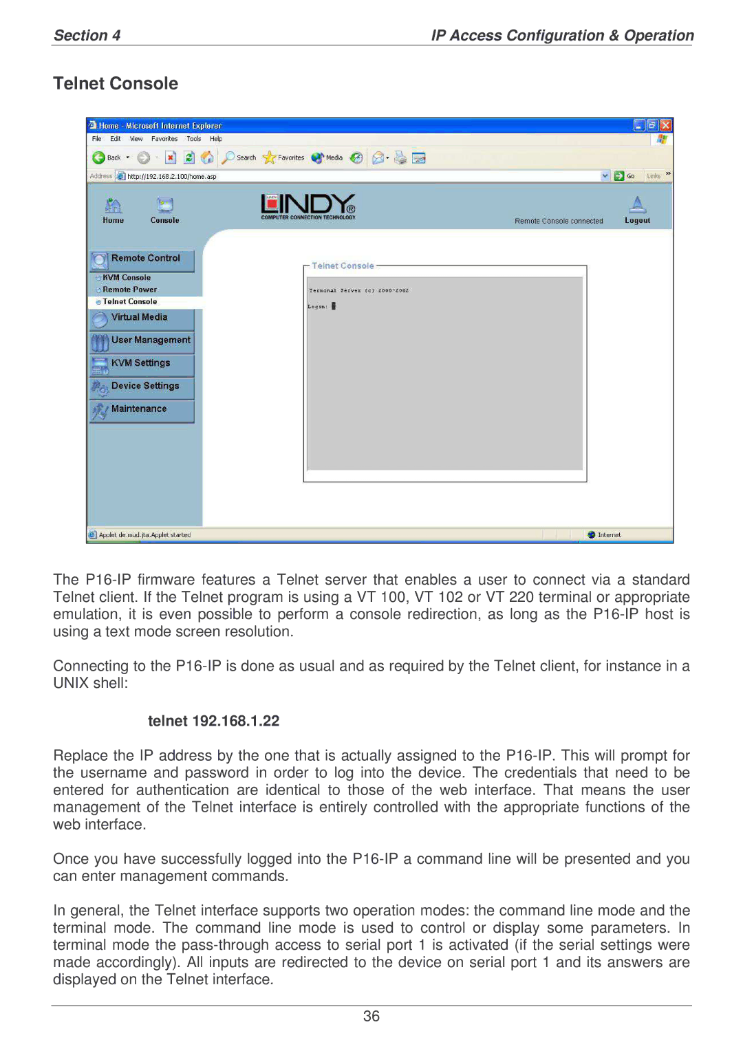 Lindy P16-IP user manual Telnet Console 